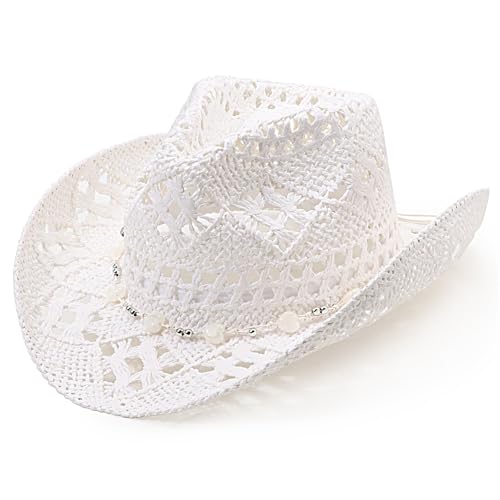 Image of DRESHOW Straw Cowboy Cowgirl Hat for Women Men Western Coastal Cowboy Beach Hat with Shapeable Brim Unisex Rolled up Caps