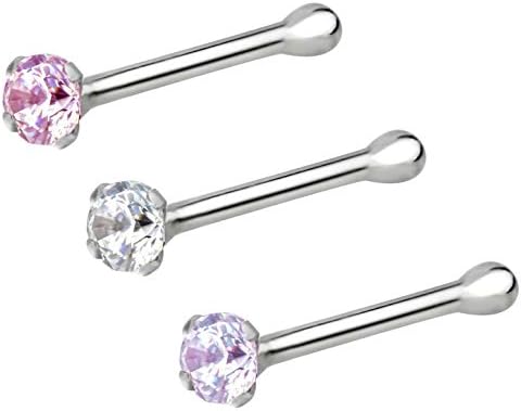 Forbidden Body Jewelry Set of 3: 22g Sterling Silver CZ Simulated Diamond Micro Nose Studs (Clr/Rose/LP)