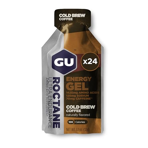 GU Energy Roctane Ultra Endurance Energy Gel, Vegan, Gluten-Free, Kosher, and Dairy-Free On-The-Go Sports Nutrition for Running, Biking, Hiking or Skiing, Cold Brew 2X Caffeine (24 Packets)