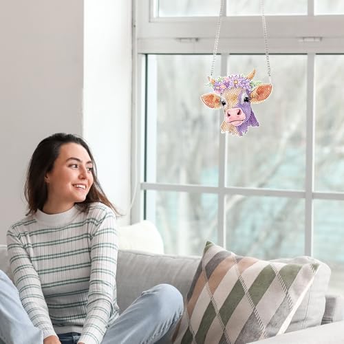 Image of Cow Head Diamond Painting Hanging Kit, 5D DIY Acrylic Pendant with Special Shaped Crystal Rhinestones, Animal Art Ornament for Wall, Door or Window Decoration, Handmade Craft Gift for Adults