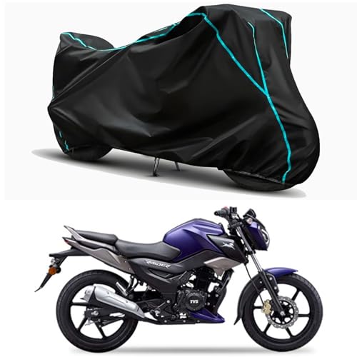 Image of Waterproof Bike Body Cover Compatible for | TVS Raider Smart | Taffeta Fabric, Sky Piping Design, Bottom Elastic Fit | Dustproof, Sun UV & Rain Protection for All Weather.