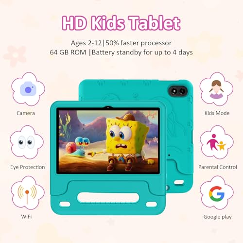 Image of Android 15 Kids Tablet 10.1 Inch, Octa-Core Processor, Case Included,Green | Built-in parental controls; Google Kid Space installed; 2.4G /5G dual-band WiFi; 21GB RAM 64GB ROM; For Ages 2-12 Toddler