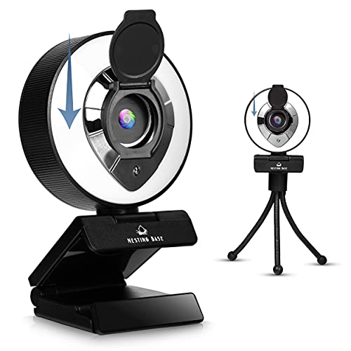 Webcam with Ring Light - USB Web Camera with Microphone for Desktop, Laptop, PC, 1080p Web Camera with Privacy Cover and Light for Streaming, Gaming, ZoomÂ â€“ Auto Focus Web cam Nesting Base