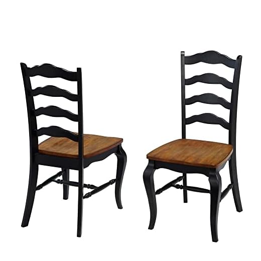 Home Styles French Countryside Oak and Black Pair of Dining Chairs with Distressed Oak Contoured Seat, Rubbed Black Finish, and French Leg Design