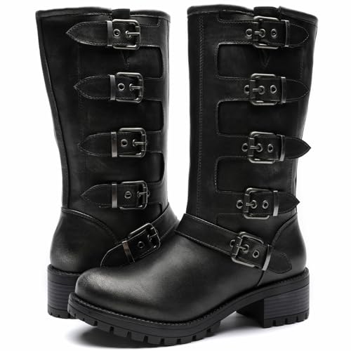 Image of GLOBALWIN Chunky Mid Calf Fashion Dressy Motocycle Biker Military Style Combat Boots for Women Low Heel