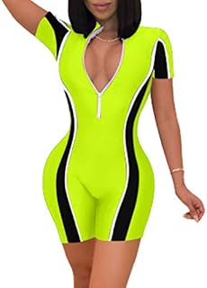 GOKATOSAU Womens Sexy Bodycon Short Sleeve Stitching Rompers Shorts Jumpsuits Fluorescent Green