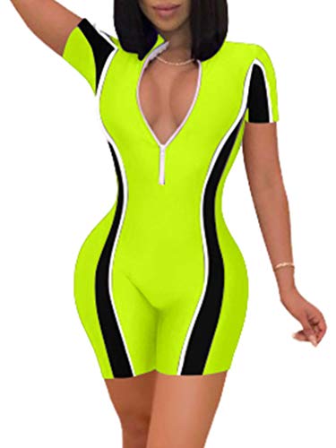 GOKATOSAU Womens Sexy Bodycon Short Sleeve Stitching Rompers Shorts Jumpsuits Fluorescent Green