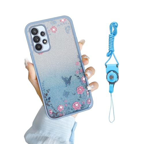 Image of for Galaxy A23 5G Case,for Samsung A23 5G Case (Not for A23 5G UW) Women Gradual Change Glitter Crystal TPU Stylish Butterfly Floral Heart Clear Protective Cover with Strap for A23 5g Blue