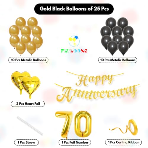 Image of Flyloons 70th Happy Anniversary Decoration Items Gold Black for Men Women Husband Wife Mom Dad Couple Home Bedroom Car With 20 Pcs Metallic Balloons Anniversary Banner 2 Pcs Heart Set Kit Golden