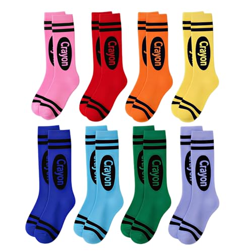 Lirpazelyx 8 Pairs Crayon Printed Mid Calf Socks for Women Colorful Striped Crew Socks Soft Stretchy Polyester Casual Dress Fun Novelty Socks Daily Wear Party Supplies
