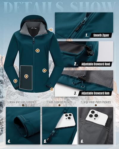33,000ft Damen Softshelljacke mit Abnehmbarer Kapuze Wasserdichte Atmungsaktiv Fleece Gefütterte Winterjacke Winddichte Übergangsjacke Funktionsjacke zum Radfahren, Wandern, Petrolblau L