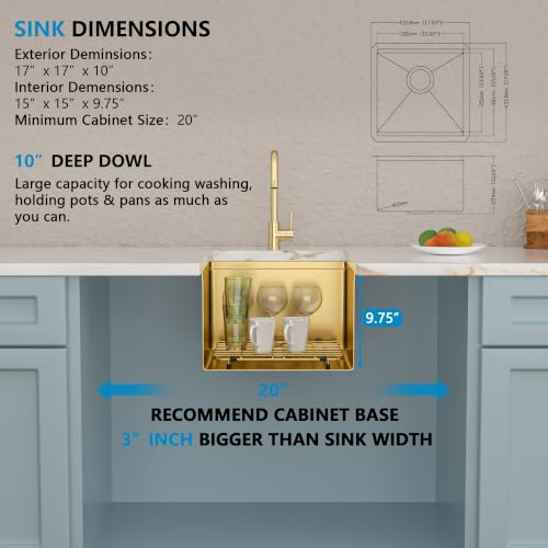 Image of 17 inchx17 inch Gold Bar Prep Sink Undermount Workstation | Brushed Gold NANO-PVD 16 Gauge T304 Stainless Steel Single Bowl Under Counter Basin for RV Kitchen Wet Bar Prep Station