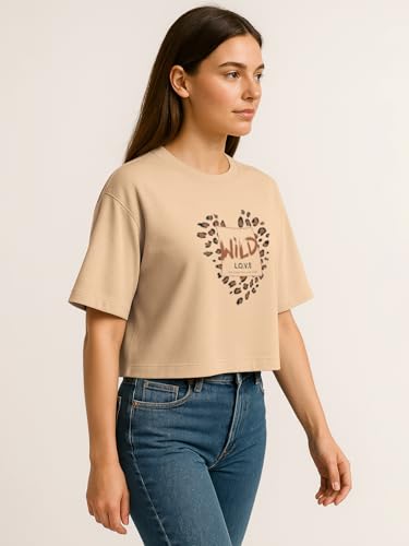 Image of HELLCAT Beige Printed Loose Fit Crew-Neck Crop T-Shirt for Women