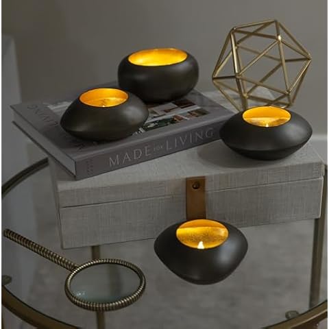 NativeSkins Glow Stones Candle Holders - Set of Four Tealight Candle Holder, Gold Candle Holders for Table Centerpiece, Polished Iron Votive Candle Holders Cover