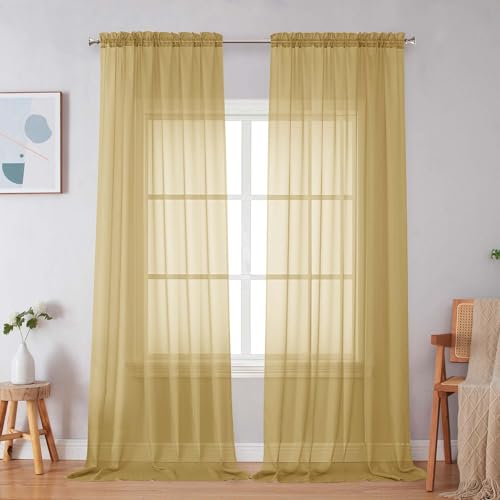 Image of Simplebrand Gold Sheer Curtains 96 Inches Long, Light Filtering Rod Pocket Solid Color Window Sheer Curtain Panels, Elegant Curtains & Drapes for Living Room, Bedroom 2 Panels, 59 inch W x 96 inch L