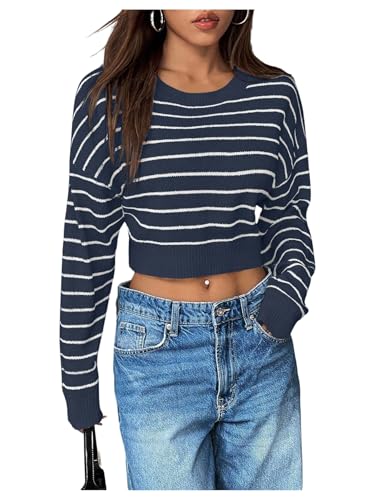 Image of Verdusa Women's Striped Y2k Crop Sweaters Crew Neck Long Sleeve Pullover Knitted Tops