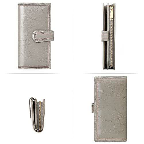 CILLA Womens Leather Wallet Large Capacity Bifold Ladies Zipper Clutch Credit Card Holder With Coin Pouch Oil Wax Design(Grey)3