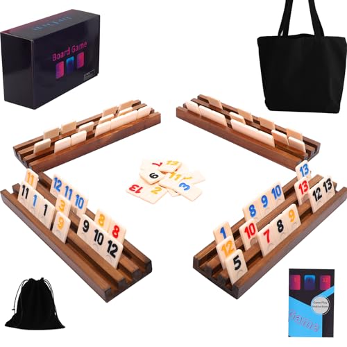 Rummy Cup Original 4 Player Rummy Cup inklusive 106 Spielsteinen 4 Holz-Steinehaltern Kordelzug-Aufbewahrungsbeutel Handtasche für alle Komponent - Klassische Brettspiele für Familie und Party.