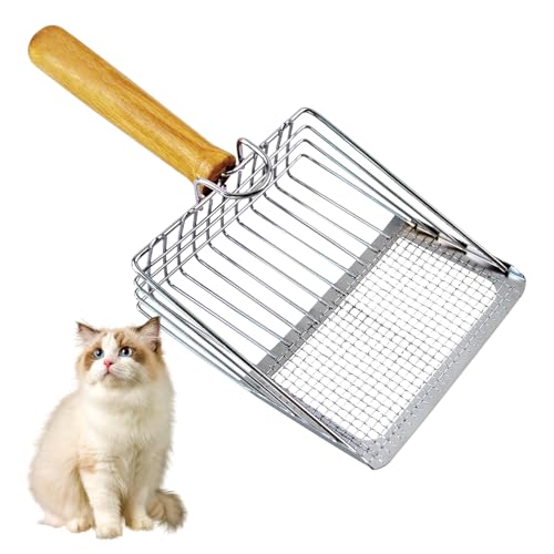 Image of Stainless Steel Cat Litter Scoop,Cat Litter Scooper with Solid Wooden Handle,Kitty Metal Scooper & Speed Sifter Deep Shovel Scoop Filter,Kitten Pooper Lifter for Litter Box