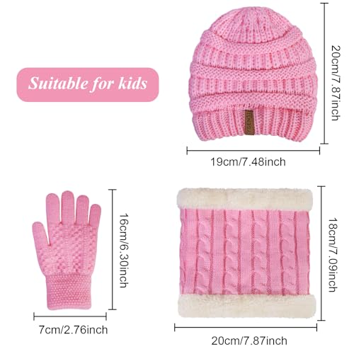 YSense 3 Pcs Kids Winter Beanie Hat Scarf Gloves Set Thick Knit Warm Fleece Fuzzy Lined Beanie Caps Mittens for Boys Girls2