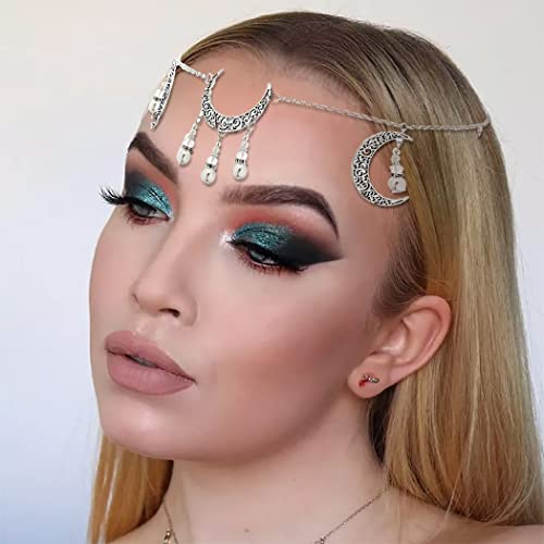 Woeoe Boho Crystals Head Chian Headband Silver Moon Crescent Headpiece Pearls Retro Gothic Festival Prom Costume Hair Chains Jewelry for Women and Girls