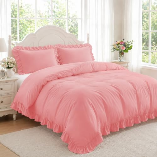 FUANNA Pink Duvet Cover Queen Size 3 Pieces, Washed Microfiber