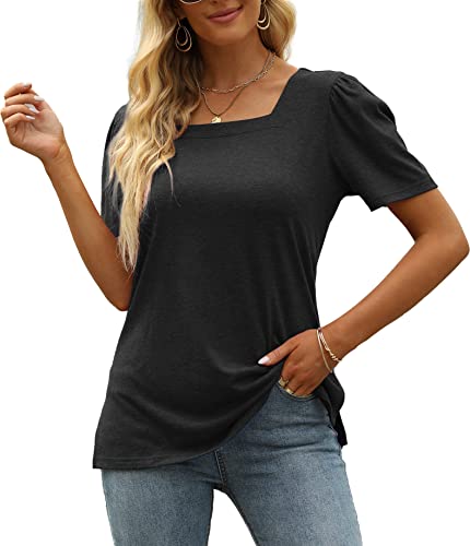 JomeDesign Womens Tops Casual Short Sleeve Square Neck Shirts Puff Sleeve Tshirts Loose Casual Blouse Summer Tee2