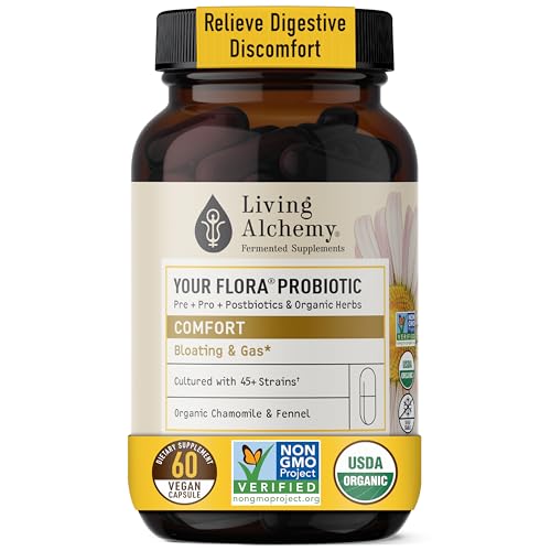 Your Flora Probiotic Comfort – Non-GMO Probiotics with Fermented Soybean, Chamomile, Fennel, Prebiotics, Digestive Enzymes for Digestion & Bloating – Prebiotics, Postbiotics – Living Alchemy, 60 Pcs
