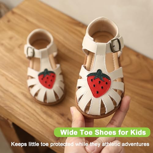 Image of Toddler Girl Sandals with Flower, Breathable Leather kids Closed Toe Sandals, Soft Rubber Non-Slip Summer Shoes for Little Girls 2-7 Years