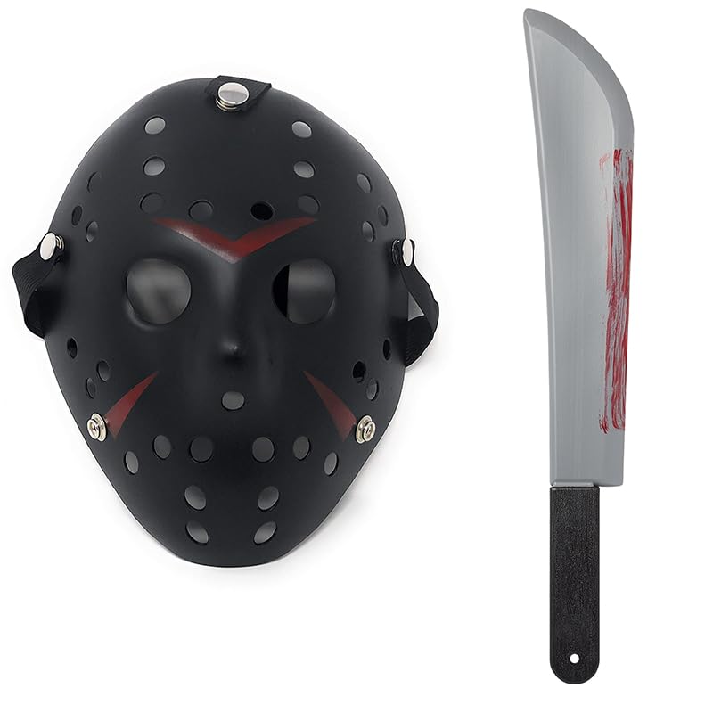 UltraByEasyPeasyStore Ultra Scary Halloween Hockey Mask - Horror Costume & Adults and Kids - Halloween Parties and Events - Perfect Scary Costume Accessory - Serial Killer – Black Mask and Machete