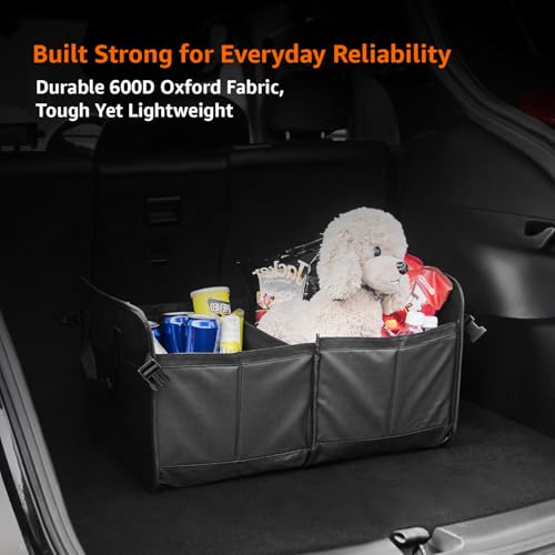 Image of Amazon Basics Car Boot Organizer with 2 Large Compartments & 2 Pockets| Foldable 600D Oxford Storage Box with Securing Straps (Black, 60 x 37 x 31cm)
