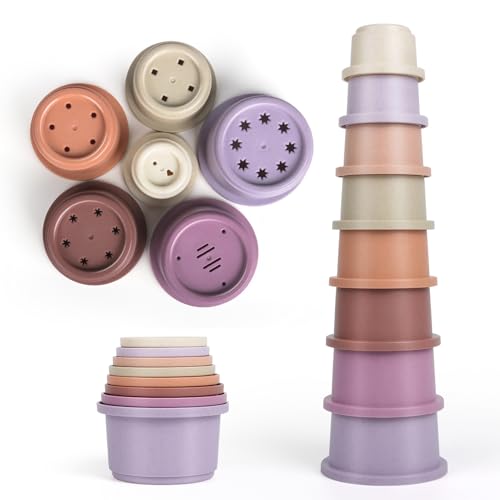 Image of Baby Stacking Cup for Toddler 1-3, 8PCS Counting Nesting Measuring Set, Stackable Bath Toy for 6-12 Months Kids, Educational Montessori Gift for Boys and Girls, Natural Sugarcane Container for Rabbits