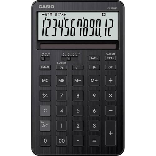 Image of CASIO JW-200DQ medium-sized desktop calculator with aluminum front, black
