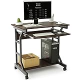 DEWEL パソコンデスク 幅80cm テレワーク用 机 pcデスクパソコンラック 収納ラック付き 木製 テーブル 木目柄 キャスター キーボードテーブル付 シンプル メラミン加工 80X50X75cm