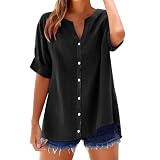 Tomwell Damen Bluse V-Ausschnitt Sommer Shirt Elegant Halbe Ärmel Oberteile Große Größen Leinenbluse A Schwarz XXL
