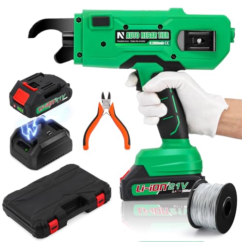 NEWTRY 20V Akku-Bewehrungsbindegerät Draht Driller Umreifungsmaschine für Betonstahl für 0,3’’ ~ 1.33’’ (7~34mm) Stabstahl, mit 2 Stk 2,0 Ah Akku und Ladegerät (Grün)