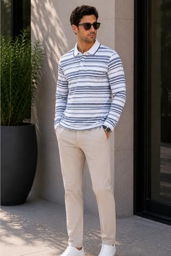 Image of SANE ORIGINALS Full Sleeves Polo Collar Tshirt for Men with Pocket || Stripe Collar and Pocket Tshirt for Men Long Sleeves Navy Blue