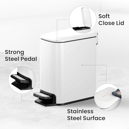 Cesun-Small-Bathroom-Trash-Can-with-Lid-16-Gal-Soft-Close-White-Step-pedal-soft-close-Slim-59in-fits-narrow-spaces-Stainless-steel-Anti-fingerprint-Removable-inner-bucket-Odor-seal