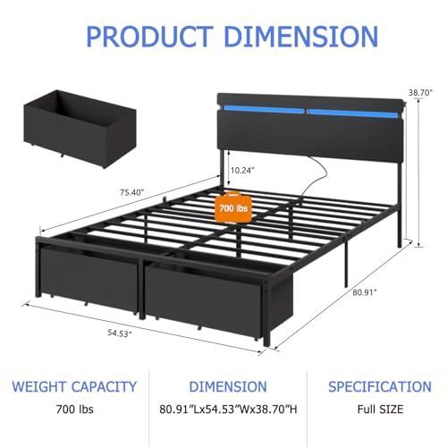 Image of Forestell Full Size Bed Frame with Wood Headboard, Black Platform Bed with 2 Storage Drawers & Shelf, Built in Charging Station & LED Lights, Metal Support, No Box Spring Needed, Camas Full