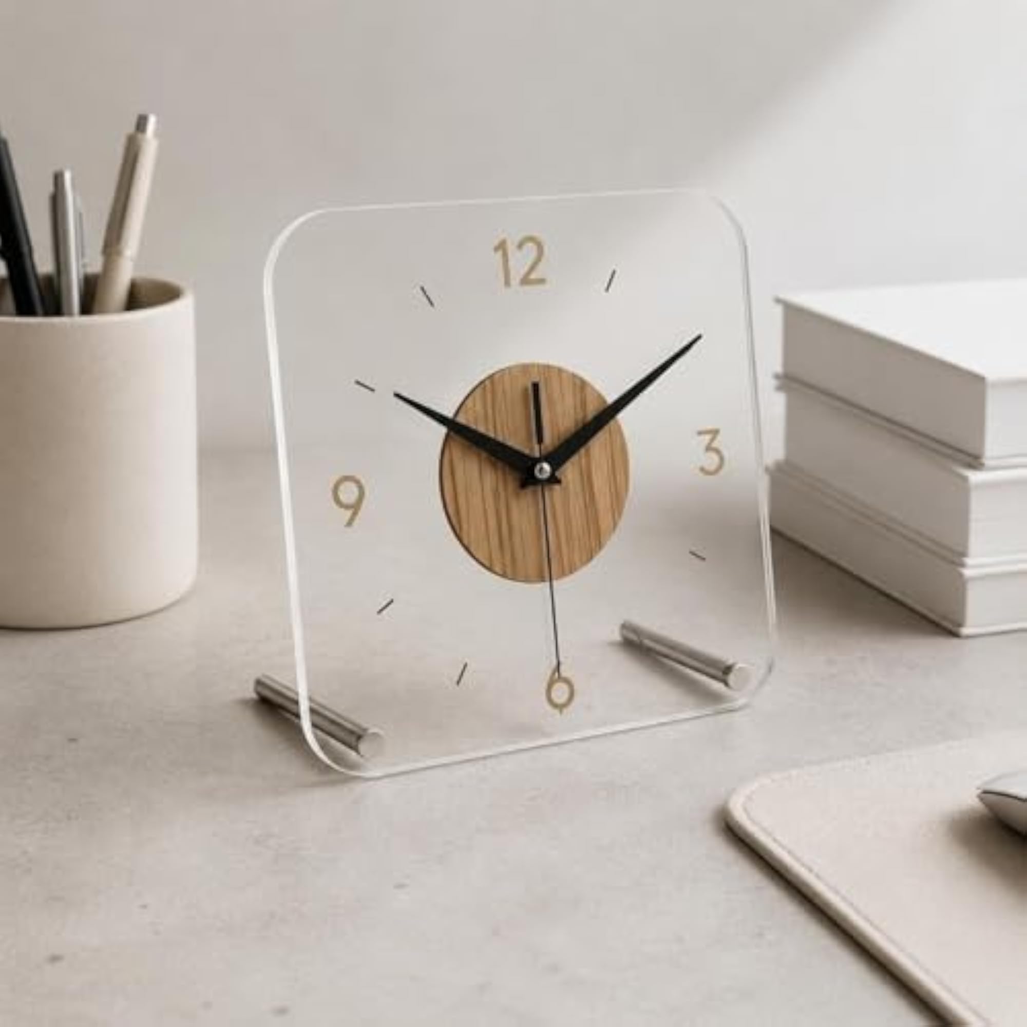 Clear Front Square Tabletop Timepiece, Walnut Tone