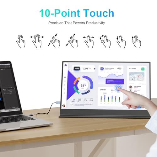 Image of UFYQL 10-Point Touch Portable Monitor, 15.6 inch 1080P FHD IPS Screen, Aluminum Alloy Body with Smart Protective Cover, Dual USB-C & Mini HDMI Ports, VESA Mount Holes, for Laptop, PC,Phone