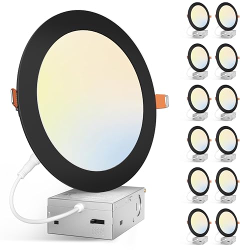 Amico 12 Pack 7 Inch 5CCT Ultra-Thin LED Canless Recessed Ceiling Light with Junction Box, 2700K/3000K/3500K/4000K/5000K Selectable, 15W=100W, 1300LM Brightness, Dimmable Wafer Downlight,ETL&FCC,Black by Amico - Used condition - US$76.92