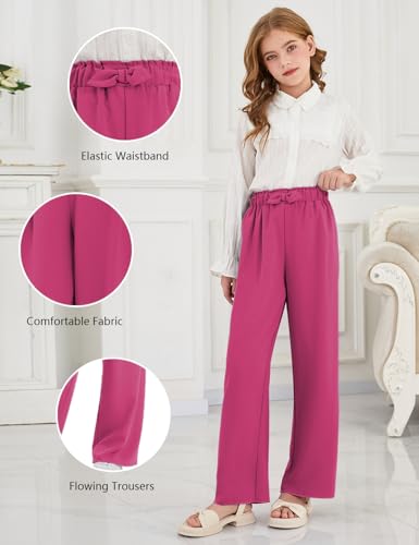 Image of Girls Wide Leg Palazzo Pant Loose Straight Cute Bow Waist Spring Summer Lightweight Dress Pant for Kids 5-14Y