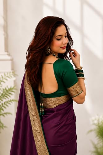 Image of Women's Glory Satin Silk Saree Plain Soft Shiny Elegant Party Traditional Ethnic