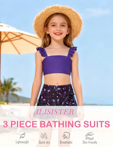 Image of ALISISTER Girls Swimsuit 3 Piece Bathing Suits Summer Bikini Tankini Sets with Cover Up Skirt for 4-12 Years