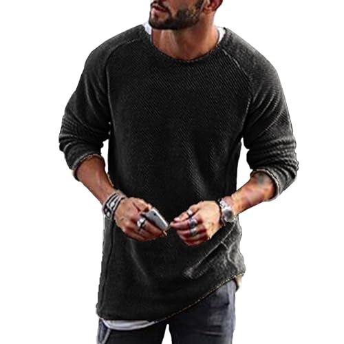 Mens Long Sleeve Basic Knit Pullover Solid Color Waffle Male Knits Sweater Round Neck Casual Knitted Sweaters