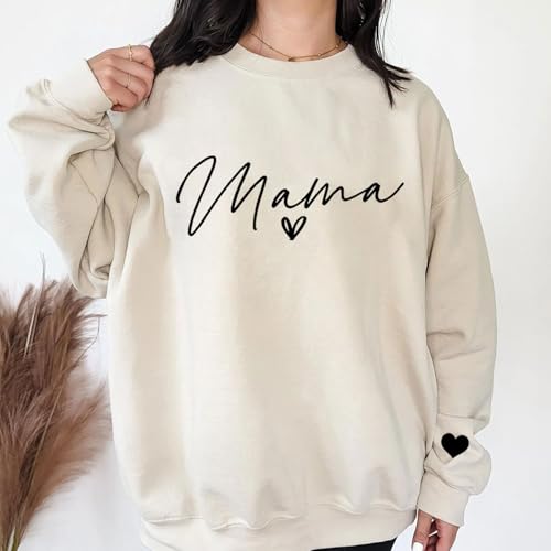 Personalized Embroidered Mama Sweatshirt, Custom Mom with Children\'s Name on Sleeve for Women Gifts for Mom Birthday Christmas, Mama Sweatshirt, Sand-M - Thumbnail 3