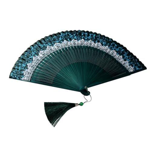 HEALEEP Abanico Plegable de Mano Estilo Chino Verde Bordes, Abanico Hueco de Seda Decorativo, Ligero y Portátil para Bodas y Uso Diario