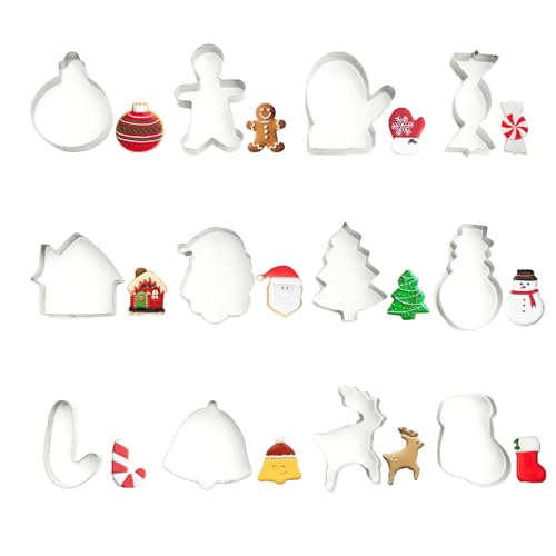 12 Pcs Christmas Cookie Cutters,Christmas Cutters Mini Cookie Cutters,Christmas Holiday Cookie Molds Biscuit Cutters,Gingerbread Tree Snowflake Candy Cane Santa Claus Snowman Reindeer Gloves and More