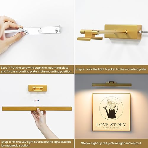 Image of PESUTEN Picture Light Battery Operated, 16in Wireless Art Light for Paintings CCT Dimmable Recharging Battery Picture Light with Remote Control for Gallery Dartboard Art Bedroom Bathroom 2pcs Gold